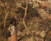 Two Little Italian Girls by a Village - 约翰·威廉姆·沃特豪斯